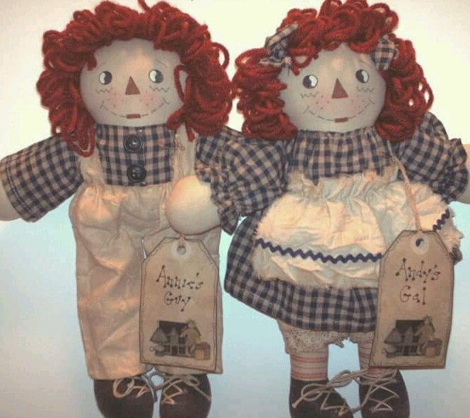 Raggedy Love 2-Doll Set-handmade, hand crafted, primitive, country, rag doll, rag, doll, wholesale, retail, gift, present, friend gift, birthday gift, original, design, original design, Raggedy Anne, Raggedy Andy