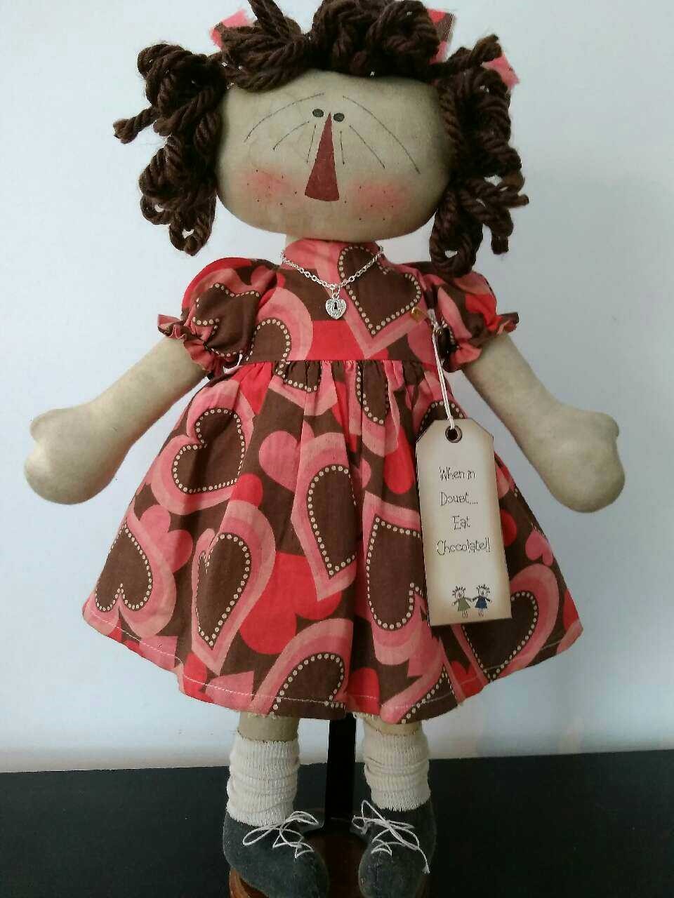 When in Doubt Eat Chocolate-handmade, hand crafted, primitive, country, rag doll, rag, doll, wholesale, retail, gift, present, friend gift, birthday gift, original, design, original design, chocolate, Valentine gift