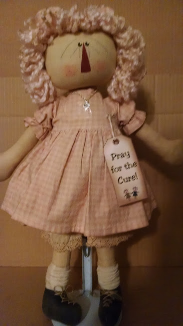 Pray for the Cure-handmade, hand crafted, primitive, country, rag doll, rag, doll, wholesale, retail, gift, present, friend gift, birthday gift, original, design, original design, Maine Breast Cancer Coalition, breast cancer