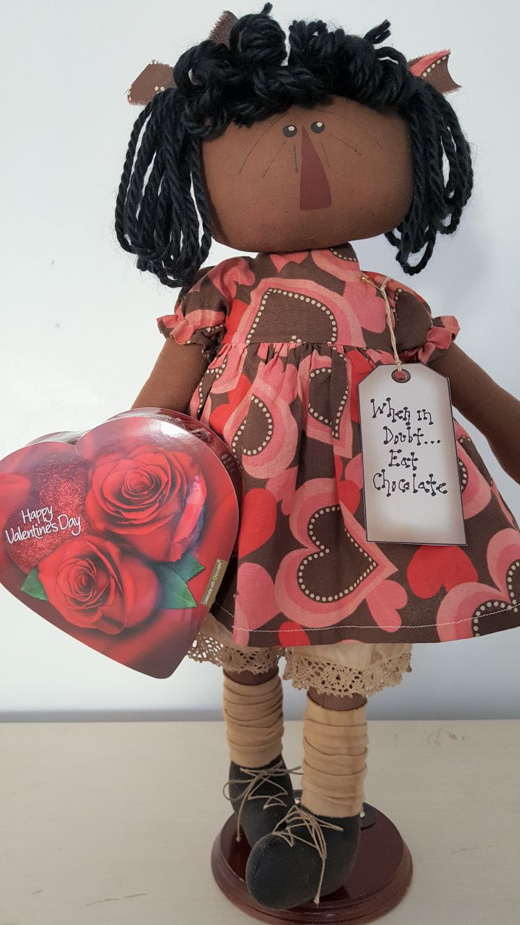 Be My Valentine-Happy, Valentines, Day,  chocolate, doll, rag, fabric, country, primitive, gift, present, friend, mother, sister, sweet, hand painted, handmade, original design, wholesale, retail 